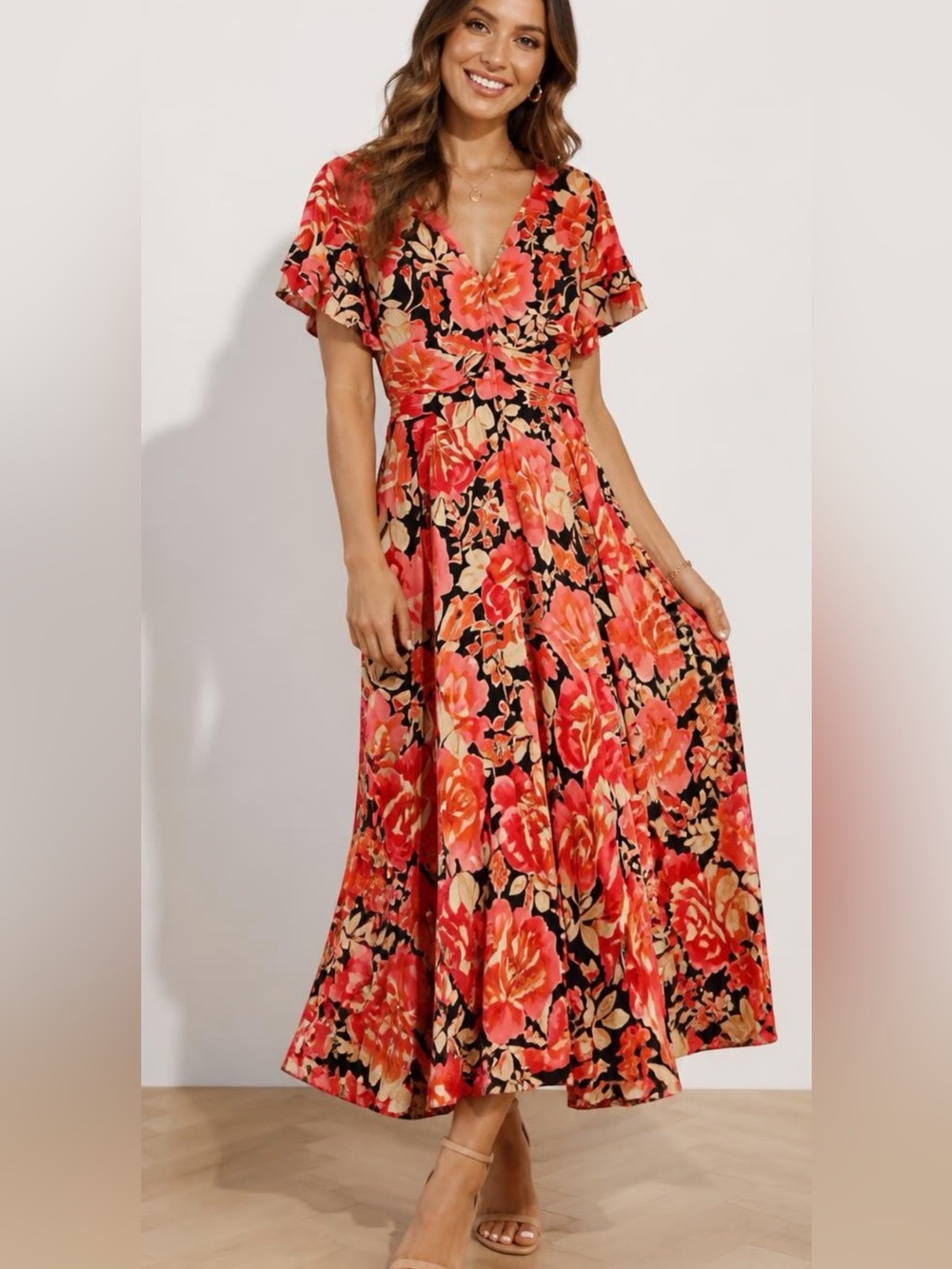 ATL Abel the Label Maxi Dress Sz S Womens Vivid Dreams Roses Button Bodice